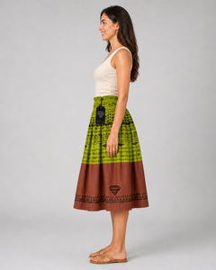 Custom Manufacturer Wholesale Womens <b>Boho</b> Ethnic Tribal Print Midi <b>Skirt</b> High Waist Elastic Smocked Green Brown A Line Cotton - Product Image 3