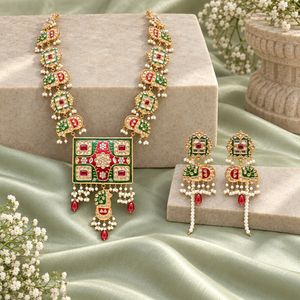 <b>Gold</b> Plated Red Green Meenakari Kundan Style Necklace and Earrings <b>Set</b> with Faux Pearls Bridal Jewelry Wholesale Bulk Supply - Product Image 6
