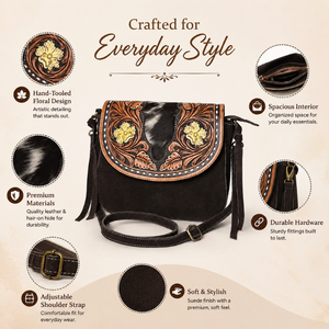 Hand Tooled Hair On Cowhide Genuine Leather Women's Crossbody Bag Western Floral Flap Shoulder <b>Purse</b> Handmade Vintage Travel Bag - Product Image 5