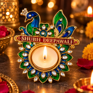 Diya en laiton avec motif paon et travail miroir Shubh Deepawali pour la décoration de la maison, la Puja, la décoration festive et les cadeaux, décoration traditionnelle - Product Image 4
