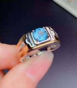 Bague de mariage et de fiançailles pour homme en topaze bleue, plaqué or 14 carats, argent, pierre naturelle taille brillant ronde, bijoux de luxe - Product Image 2