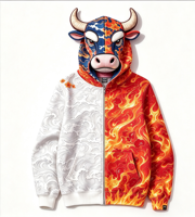 Sweat à capuche zippé intégral pour homme, style streetwear japonais Hip Hop, motif masque de taureau, en molleton épais 100% coton, imprimé camouflage abstrait étoilé rouge sur le devant