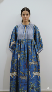 ชุดเดรสยาวพิมพ์ลายดอกไม้สีฟ้า ผ้าฝ้าย 100% สไตล์โบโฮ ธีมป่า สำหรับผู้หญิง ทำมือ ทรงเอวธรรมชาติ เหมาะสำหรับฤดูใบไม้ร่วงและฤดูร้อน - Product Image 4