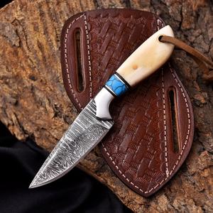 Damascus Steel Fixed Blade Utility <b>Knife</b> Industrial Grade Turquoise <b>Bone</b> <b>Handle</b> Pancake Leather Sheath Full Tang Hunting <b>Knives</b> - Product Image 1