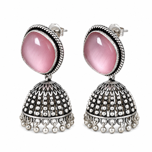 Women's Pink <b>Oxidized</b> Silver Imitation Pearl Drop Jhumka Earrings | Handmade Ethnic Antique Silver Plated Brass Zinc Alloy Boho - Product Image 4