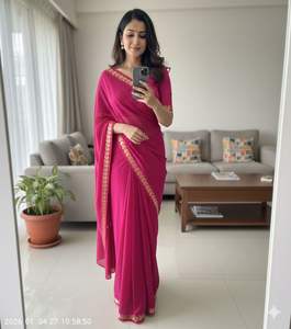 ผ้าซารีอินเดียสำเร็จรูปสำหรับผู้หญิง ผ้าวิสโคสเครปจอร์เจียต์ ผ้าไหม สำหรับงานแต่งงานหรืองานเลี้ยง  แบบหนา  ไม่มีลายพิมพ์  ยี่ห้อซายูร์ยา  สินค้าขายดี - Product Image 4