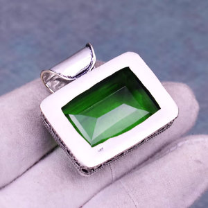 Handcrafted Gold Plated 925 Sterling Silver Emerald Gemstone Large Rectangular Emerald Cut Statement <b>Necklace</b> Wholesale Jewelry - Product Image 4