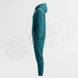 Ensemble de survêtement pour homme, couleur turquoise, à capuche, manches longues, couleur unie, sweat-shirt et pantalon de jogging décontractés, respirant, 100% coton, vêtements d'automne - Product Image 3