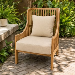Chaise longue d'extérieur en teck massif moderne, finition naturelle avec coussin beige, mobilier de jardin contemporain, modèle CHA48 - Product Image 1
