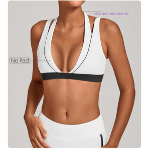 Soutien-gorge de sport pour femme, rouge, à blocs de couleur, col en V profond, bretelles halter, avec bordure contrastante - Product Image 6