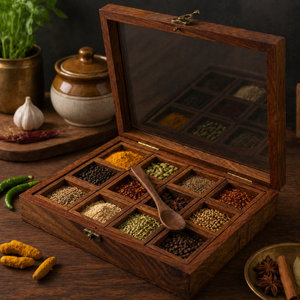 Luxury Wooden <b>Spice</b> <b>Box</b> with Brass Inlay | Handcrafted Masala Dabba Organizer with Glass Lid | Premium Kitchen Storage Case - Product Image 4