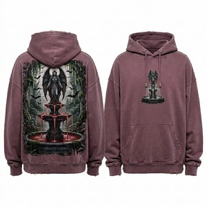 เสื้อฮู้ดซิปสีดำสำหรับผู้ชาย สไตล์สตรีทแวร์ พิมพ์ลายกราฟิก ผ้าฟลีซ ล้างสีแบบแอซิดวอช แต่งดีเทลขาดๆ - Product Image 2