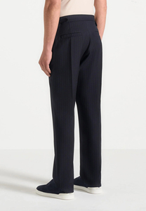 Men's Navy Pinstripe Formal Trousers Straight Leg Midweight <b>Wool</b> Blend Anti-Wrinkle Flat Front Button Closure Autumn Wear - Product Image 6