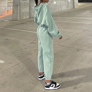 Women's Light Green Hooded Tracksuit Set Full Sleeve Solid Color Casual Loose Fit <b>Sweatshirt</b> and Pants with Side Pockets Spring - Product Image 3