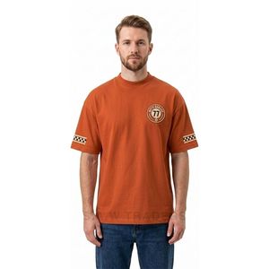 T-shirts à épaules tombantes orange avec imprimé graphique Moto Garage sur le dos, style vintage automobile streetwear - Product Image 1