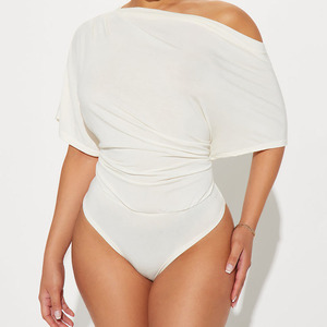 Women's Off The Shoulder One-piece Bodysuit Solid Color Ruched Design Stretch Knitted Activewear Summer Style - Product Image 1