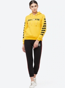 Women Yellow Hooded Sweatshirt With Letter Print And Striped Sleeves Regular Fit Breathable Cotton Autumn Wear - Product Image 2