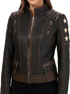 Blouson en cuir marron et noir vieilli pour femme avec étoiles, style vintage moto, à lacets, veste de motard zippée, haut tendance pour femme - Product Image 4