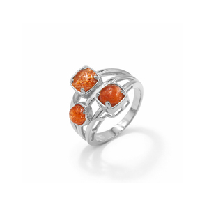 Bague cocktail en pierre de soleil plaquée or 1 micron et rhodium, trois pierres, trois couches, design de créateur - Product Image 2