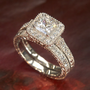 Square Halo Moissanite Diamond <b>Ring</b> <b>Set</b> Women Cubic <b>Silver</b> Wedding Engagement Band Gold Plated Jewelry - Product Image 1