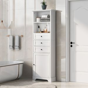 Armadio Alto in MDF Bianco con 3 Cassetti Regolabili per Bagno, Studio e Ufficio - Product Image 1