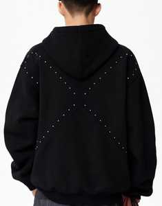 Sudadera con Capucha Negra Extra Grande para Hombre, con Cierre y Detalles de Pedrería, Estilo Urbano, Corte Regular, 100% Algodón French Terry - Product Image 4
