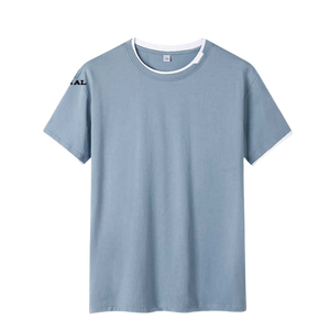 Camiseta de Manga Corta Azul Claro para Hombre, 100% Algodón, Cuello Redondo, Corte Regular, Ribete en Contraste, Estilo Casual, Color Sólido, Tejido de Punto - Product Image 1