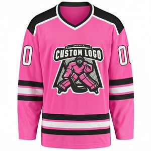 Camiseta de hockey sobre hielo sublimada personalizada, cuello en V rosa, manga larga, personalizada con nombre, número, logotipo, absorbe la humedad, unisex, para adultos - Product Image 2