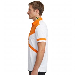 Polo personnalisé blanc et orange à chevrons diagonaux pour homme, style sportif, blocs de couleur, en piqué de coton, uniforme d'équipe, logo brodé, OEM - Product Image 3