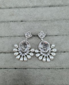 Cushion Cut Gemstone American <b>Diamond</b> <b>Earrings</b> Silver & Rhodium Plated Faux <b>Pearl</b> Fringe <b>Earrings</b> Party Wear <b>Earrings</b> Wholesaler - Product Image 6