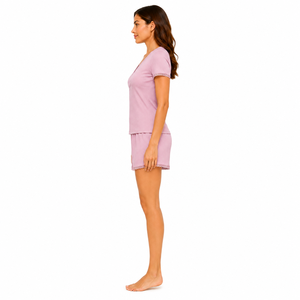 Shorts de nuit pour femmes grande taille, coupe ajustée, col en V, fermeture boutonnée, motif uni, 100% coton peigné, teinture unie - Product Image 3