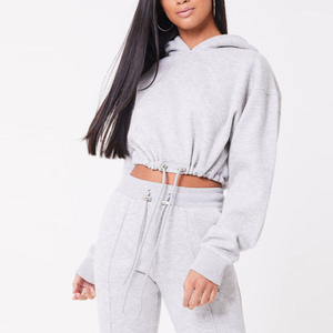 Ensemble de survêtement d'hiver 2 pièces pour femme, gris, à capuche, en polaire polyester/nylon, manches longues, couleur unie, décontracté - Product Image 1
