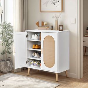 FCH 2-Door Vertical Shoe Cabinet Particle Board White <b>Frame</b> Original Wood Rattan Surface <b>Gold</b> High Feet Elegant White Shoe Rack - Product Image 1