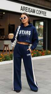 ONETEN APPARELS Women's Navy Blue <b>Cropped</b> Hoodie Wide Leg <b>Joggers</b> Set Full Sleeve Print Streetwear Tracksuit Loose Fit 2 1 100% - Product Image 5