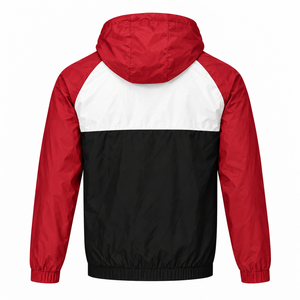 Chaqueta cortavientos con capucha para hombre, diseño color block, ligera, deportiva, con cierre, color rojo, resistente al viento y al agua. - Product Image 2