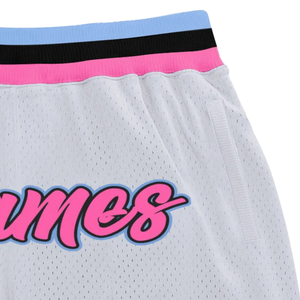 Shorts de basketball en maille sublimée blanc et rose pour hommes, en polyester, pour l'entraînement et les matchs, uniforme d'équipe, performance sportive - Product Image 3
