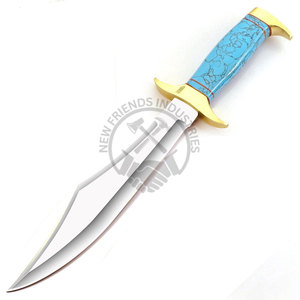 มีดทำมือรุ่นใหม่ ใบมีดเหล็ก J2 ทรงโบวี่ มีดสะสม มีดล่าสัตว์ ด้ามหินสีน้ำเงิน มีดเอาตัวรอด พร้อมปลอก - Product Image 1
