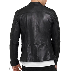 <b>Men</b> Genuine Leather Cafe Racer <b>Jacket</b> Slim Fit Zip Band Collar Minimalist Style Black Tan OEM Wholesale - Product Image 4