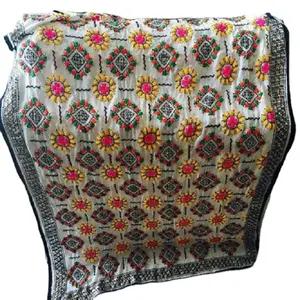 设计师新到印度民族花卉白色刺绣作品欧根纱杜帕塔女性印度围巾