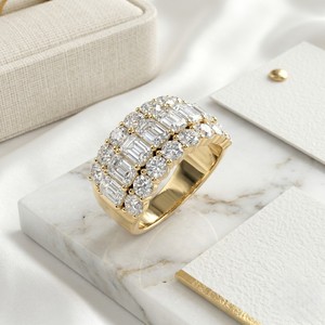 Women's 4.30CTW Mixed Diamond Triple Row Luxury <b>Statement</b> <b>Ring</b> Yellow Gold Lab Grown E-F Color VVS2 IGI Certified Wide Band - Product Image 3