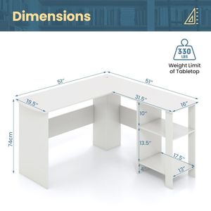 Scrivania Moderna a L di Grandi Dimensioni con 2 Fori per Cavi e 2 Ripiani Portaoggetti - Product Image 6
