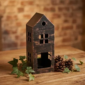 Portavelas de Hierro con Forma de Casa Navideña, Diseño Artesanal, con Ventanas Recortadas, Decoración para el Hogar, Acabado Antiguo - Product Image 5