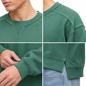 Sudadera de algodón de color verde liso, estilo oversize, lavada a medida, con cuello redondo, informal, de punto, para otoño. - Product Image 3