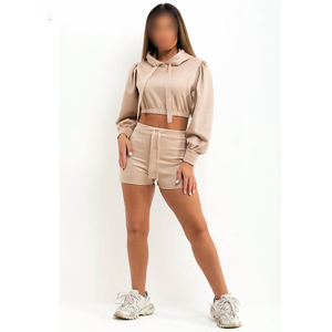 Conjunto de 2 Piezas para Mujer, Color Beige, Top Corto con Capucha y Lazo, Manga Larga, Casual, Primavera-Verano, Tejido de Punto, Spandex, Poliéster, Color Sólido - Product Image 1