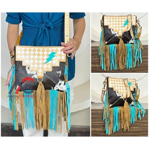 Sac à main personnalisé pour femme en cuir de vachette à carreaux, fait main, avec franges, motif éclair turquoise, style designer à fermeture éclair, prix bas - Product Image 1