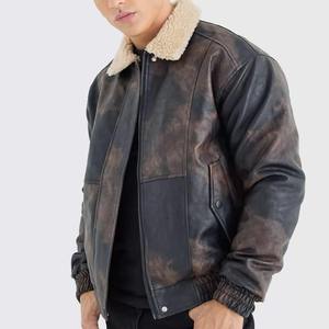 Chaqueta de Motociclista de Cuero Genuino para Hombre, Estilo Vintage, con Cuello Alto, Cierre de Cremallera, Color Sólido, para Primavera, con Parches, Estilo Casual - Product Image 4