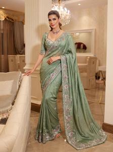 Sari en tissu de soie douce avec broderie C Pallu et bordure ajourée, et pièce de blouse non cousue en soie slub avec broderie - Product Image 5