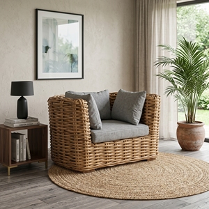 Fauteuil Surabaya en bois d'acajou avec cadre en rotin demi-tressé, coussins gris clair poli Dhapnie, fauteuil de jardin haut de gamme pour l'extérieur - Product Image 3