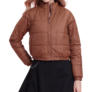 Women's Red <b>Quilted</b> Puffer Jacket Full Sleeve Stand Collar Zipper Closure Short Winter Coat Solid Color Polyester Wadding - Product Image 3