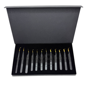 Precision Stainless Steel Eyelash Tweezers <b>Set</b> with Gold Tips Anti-Magnetic & Durable in Black Box Packaging for Lash Artists - Product Image 1